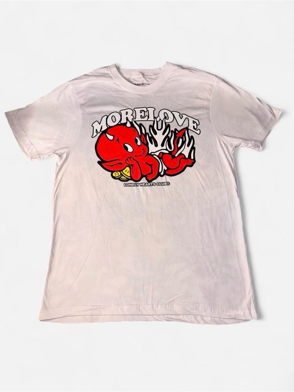 NWOT White Massive Action "More Love" graphic t-shirt featuring a red devil baby